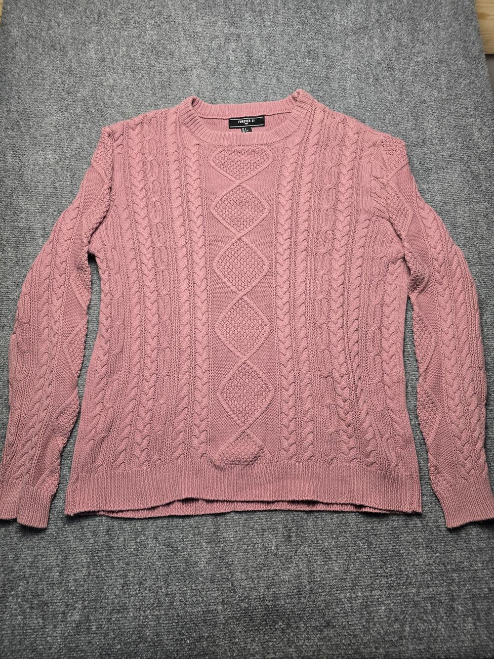 Forever 21 Mens L Pink Cable Knit Sweater Textured Sleeves Crewneck
